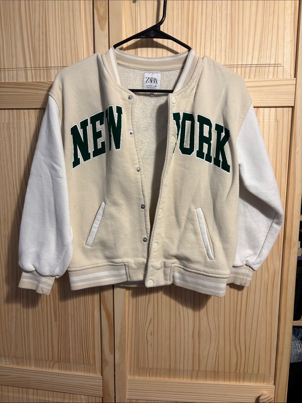Zara Cream & White 'NEW YORK' Green Lettering Varsity Jacket